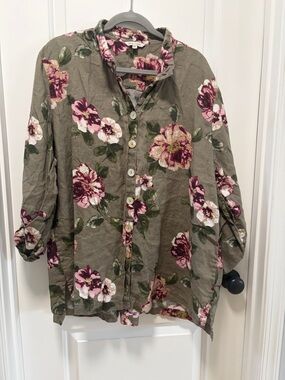 John Mark size 2X 100% Linen Floral Print Button Down Shirt Roll Tab Sleeves